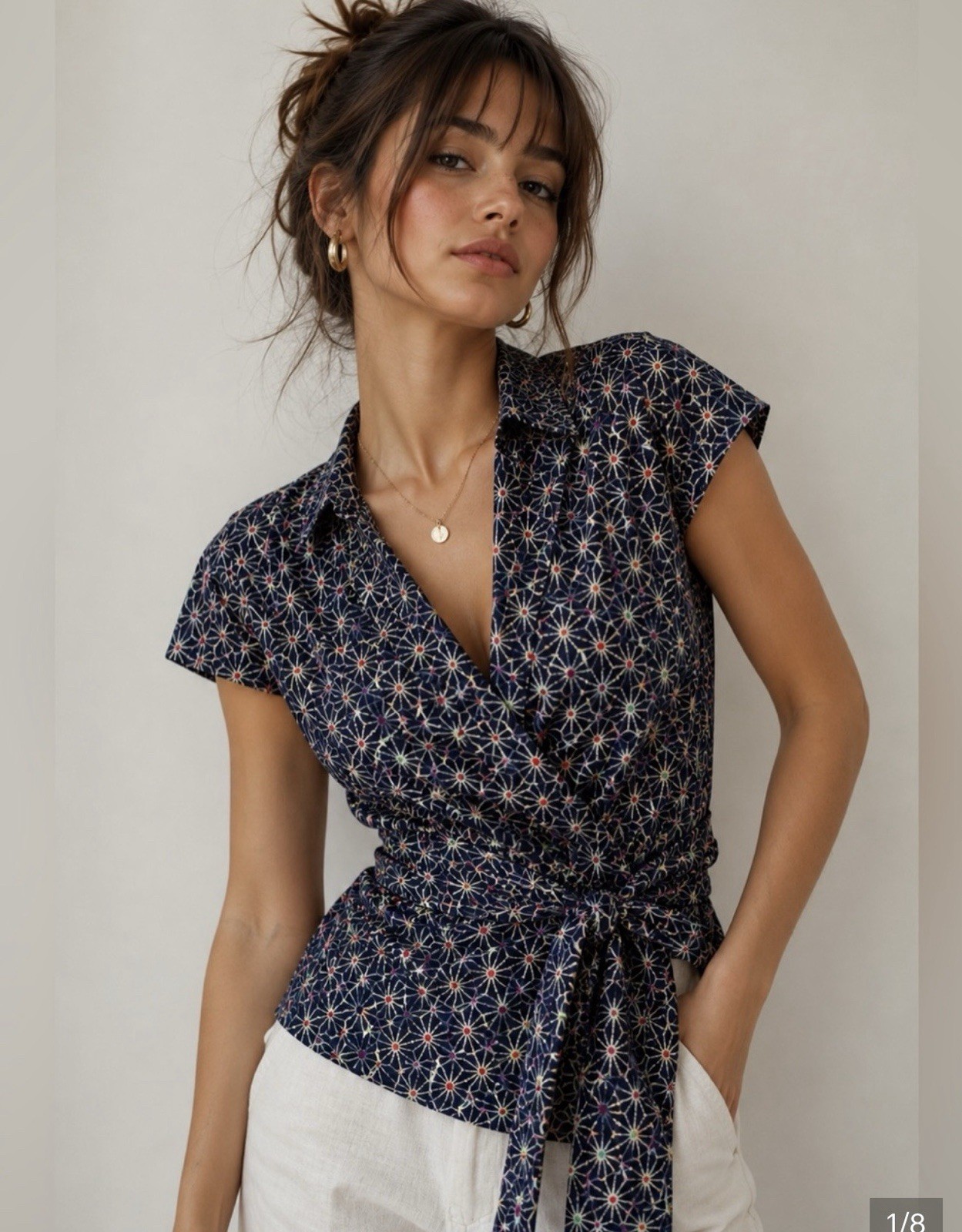 Antoine & Lili Made in France Womens 3 S Navy Geometric Cotton Wrap Blouse Top