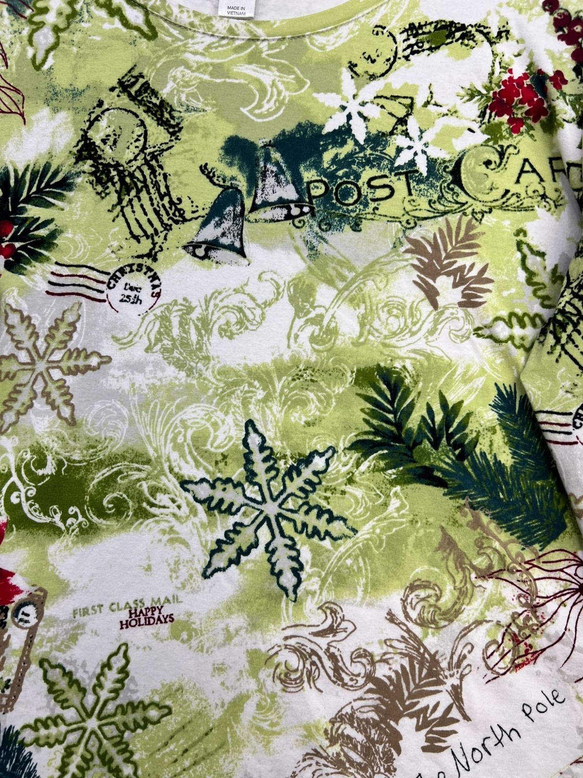 Christopher Banks Womens Holiday Print Long Sleeve T-Shirt XL Green Casual Top