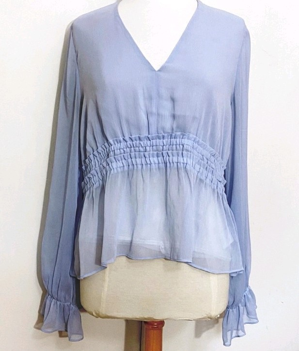 Express Blue Semi Sheer Smocked Waist V-Neck Peplum Balloon Sleeve Blouse Medium