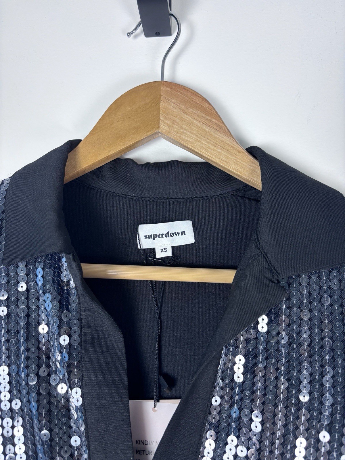 Superdown Revolve Geraldine Black Sequined Long Sleeve Collar V-Neck Top XS NWT