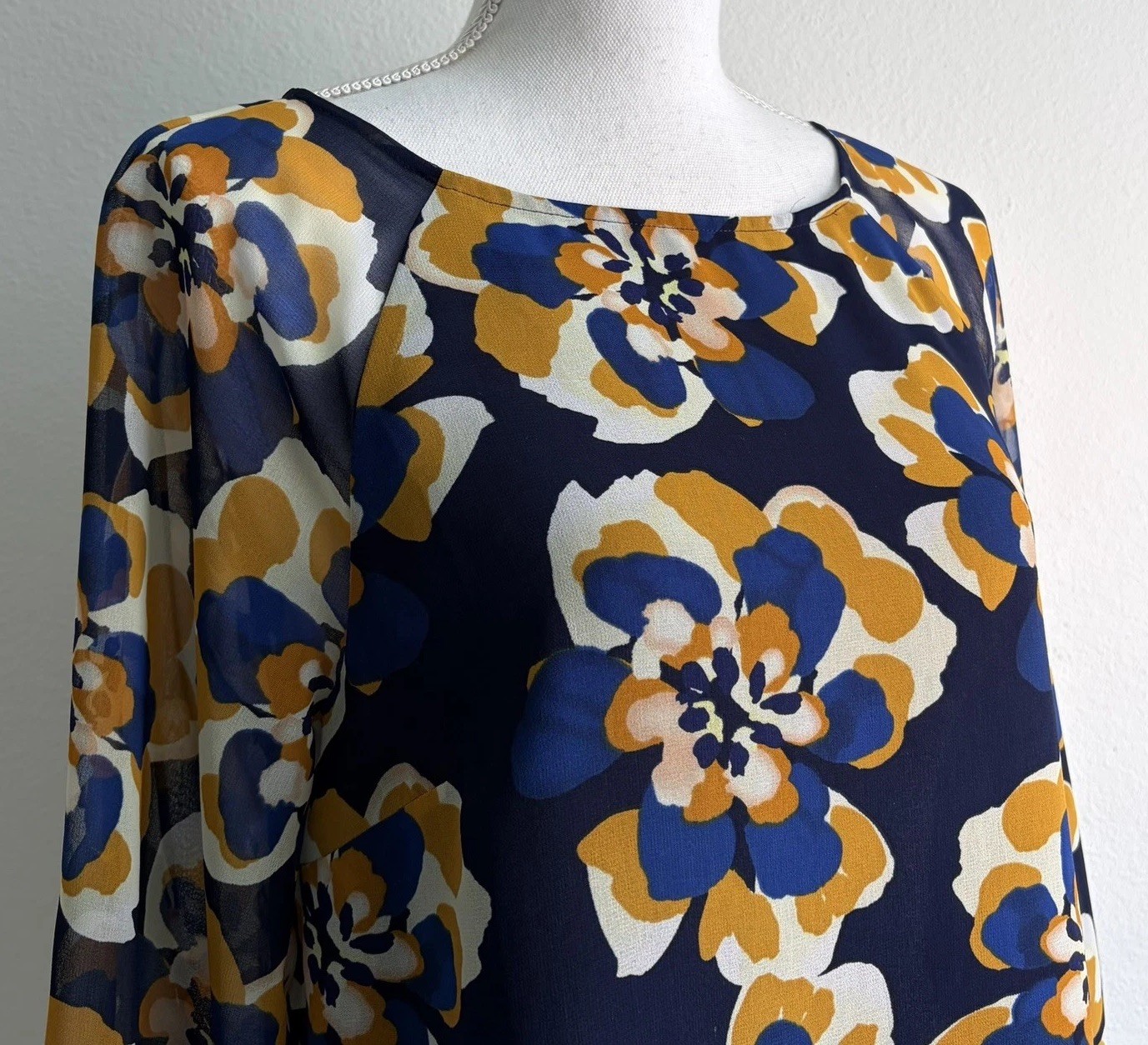 CABI Navy Blue & Yellow Floral Lydia Chiffon Blouse | Small