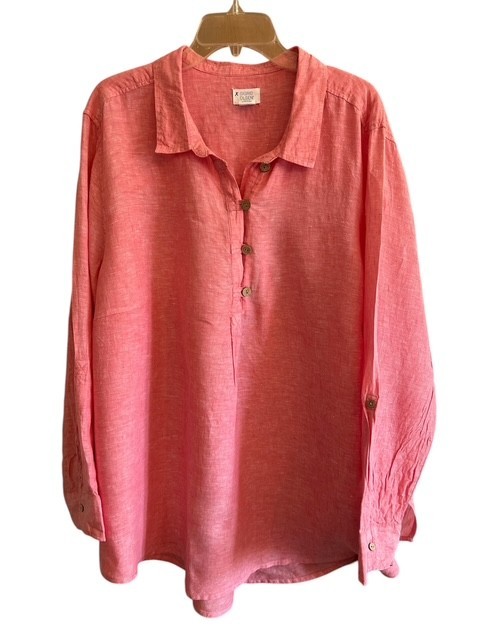 VTG Sigrid Olsen Tunic Linen 3X Muted Red Popover High Low Roll Tab Sleeve