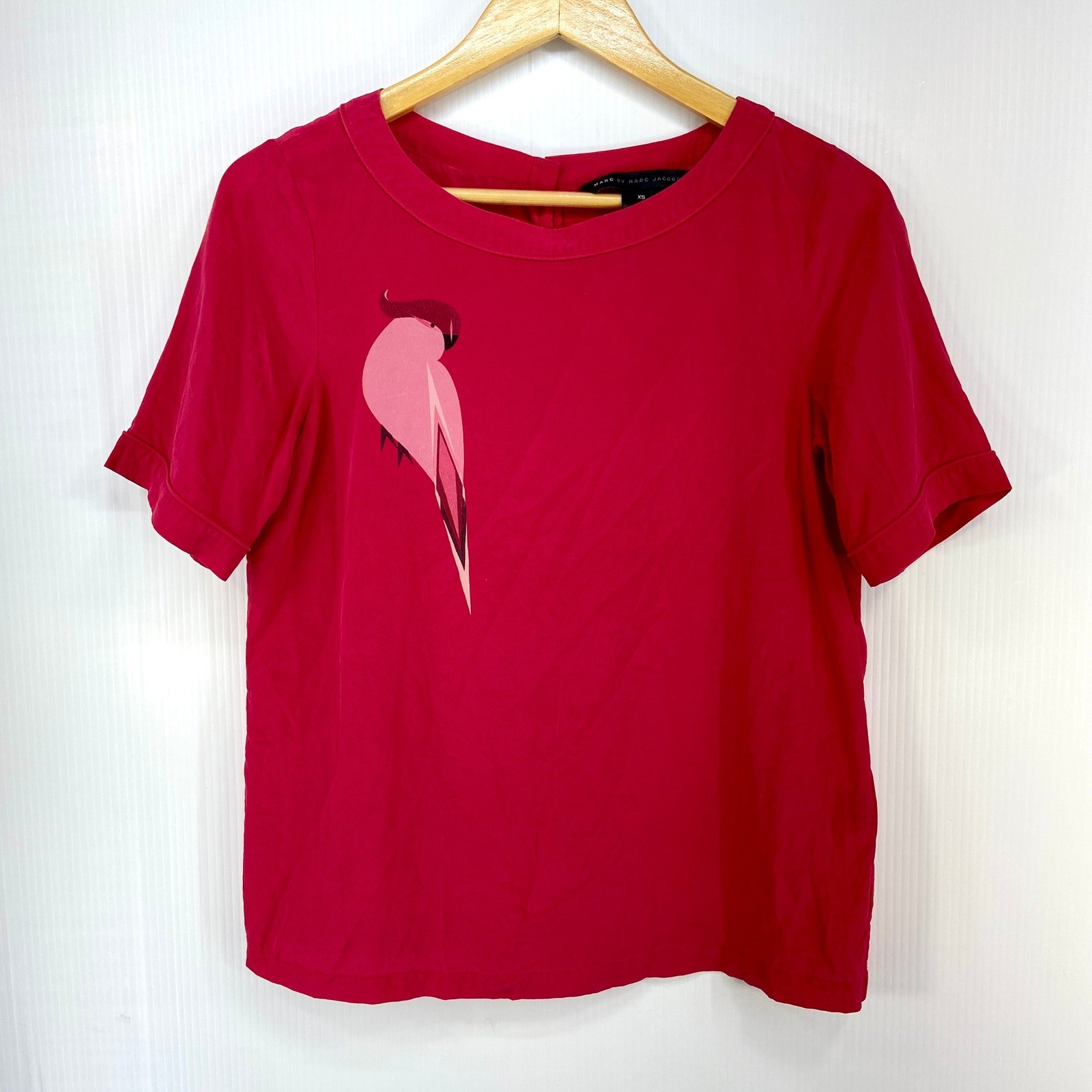 Marc by Marc Jacobs Strawberry Pink Bird Silk Short Sleeve Blouse Womens XS