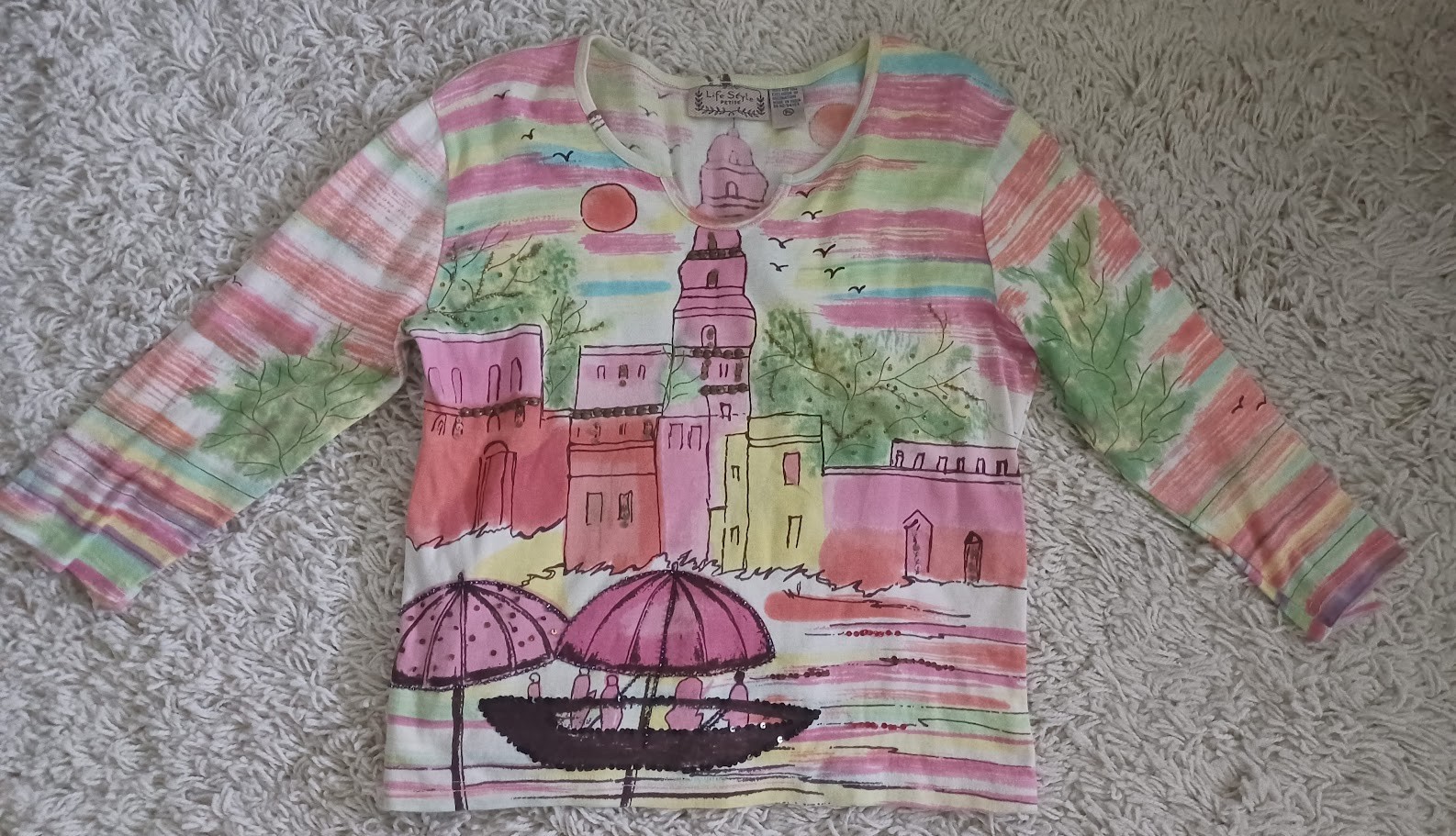Life Style Scenic Art Print Embellished Top PL 3/4 Sleeve Boho Travel Cotton