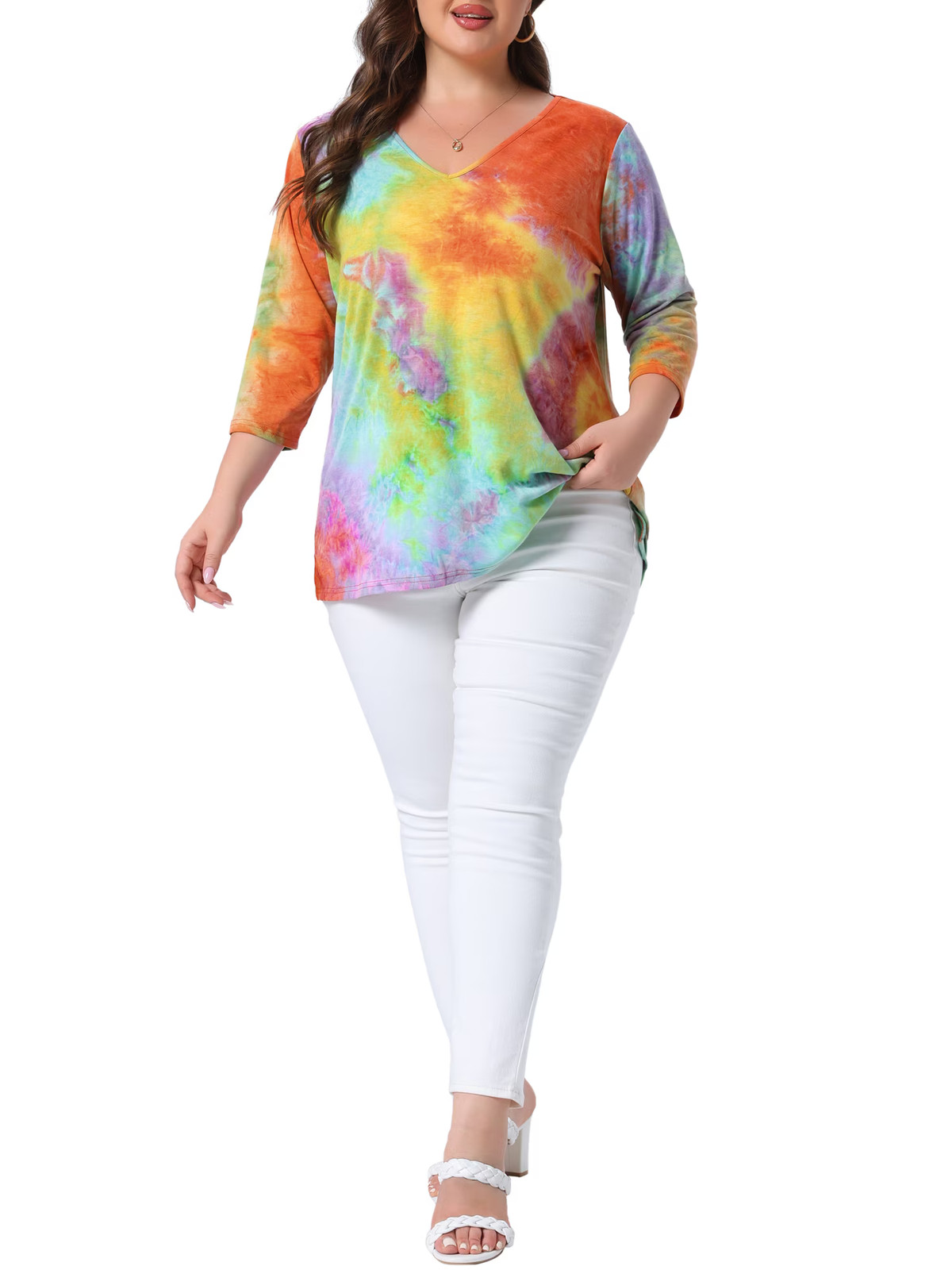 Agnes Orinda Women’s Plus Size School College Tops Tie Dye Stripes V Neck|80899