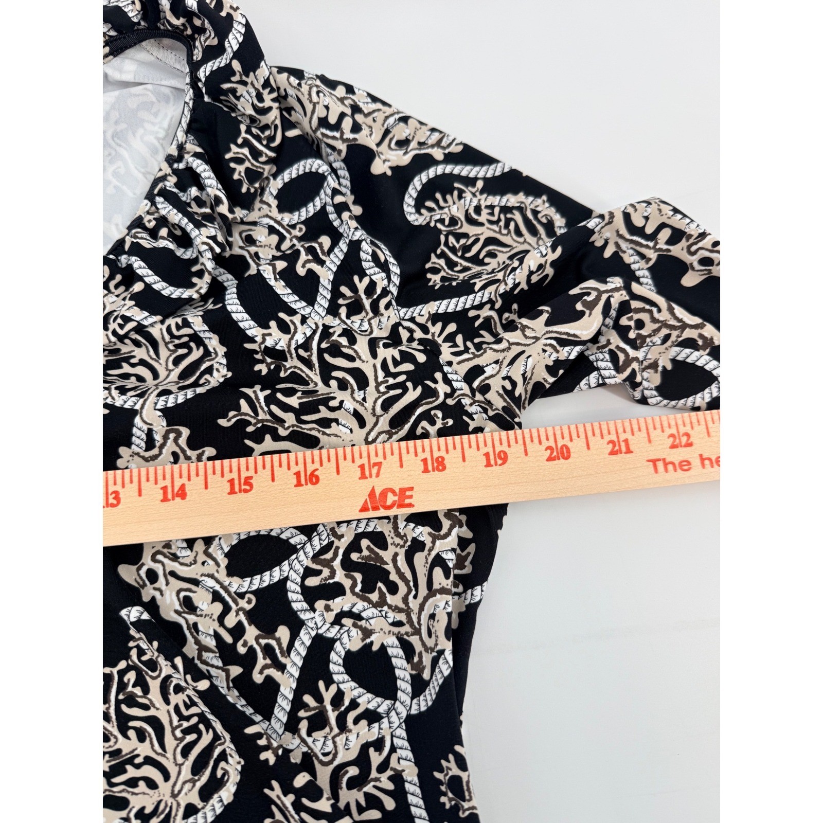 Lulu-B Womens Ruffle Cowl Neck Top Nautical Coral Rope Print Black Tan Medium