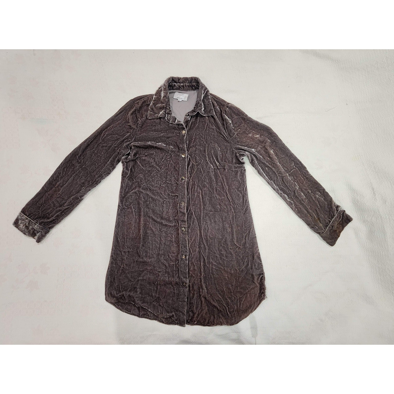 Jade by Johnny Was Velvet Button Front Shirt Small Taupe Gray Boho Tunic Flaws