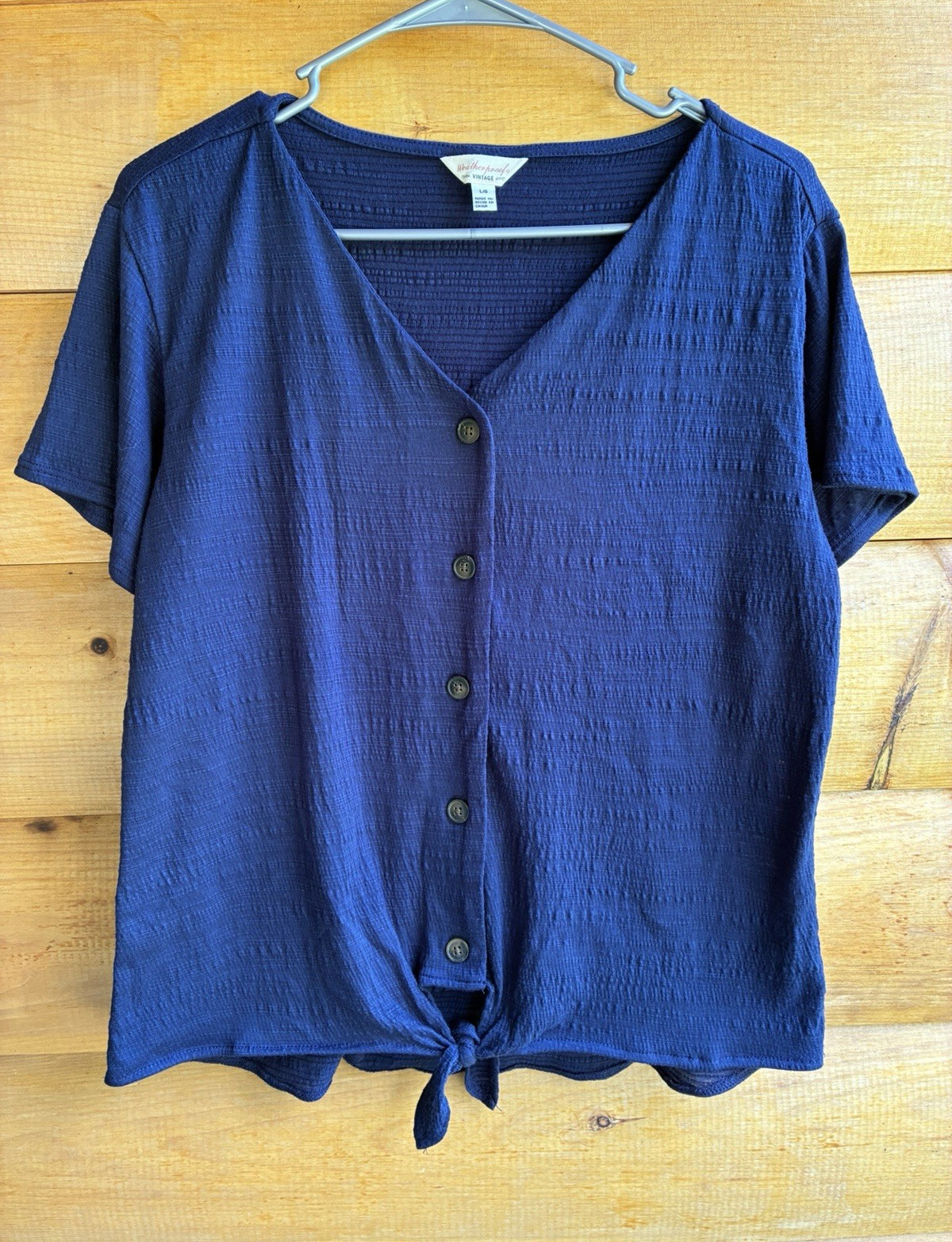 Weatherproof Vintage Women’s Top Large Tie Front Button Up Blue Shirt Free Ship