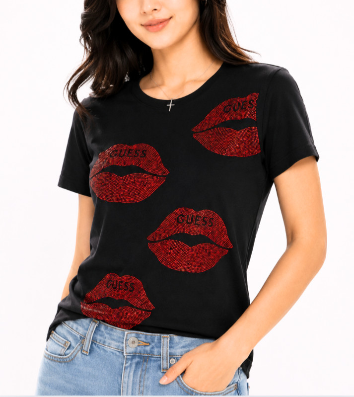Guess Women’s Black Red Rhinestone Lips Logo Graphic T-Shirt Tee Size M NWT