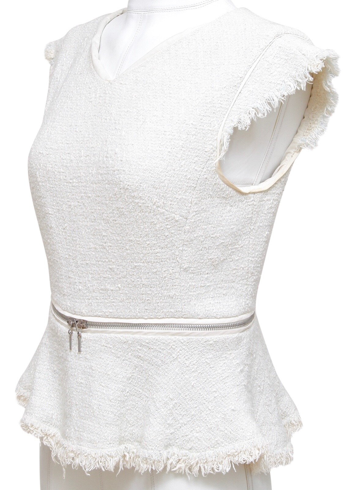REBECCA TAYLOR Top Sleeveless Shirt Tweed Light Blue Ivory Fringe Zipper Sz 8