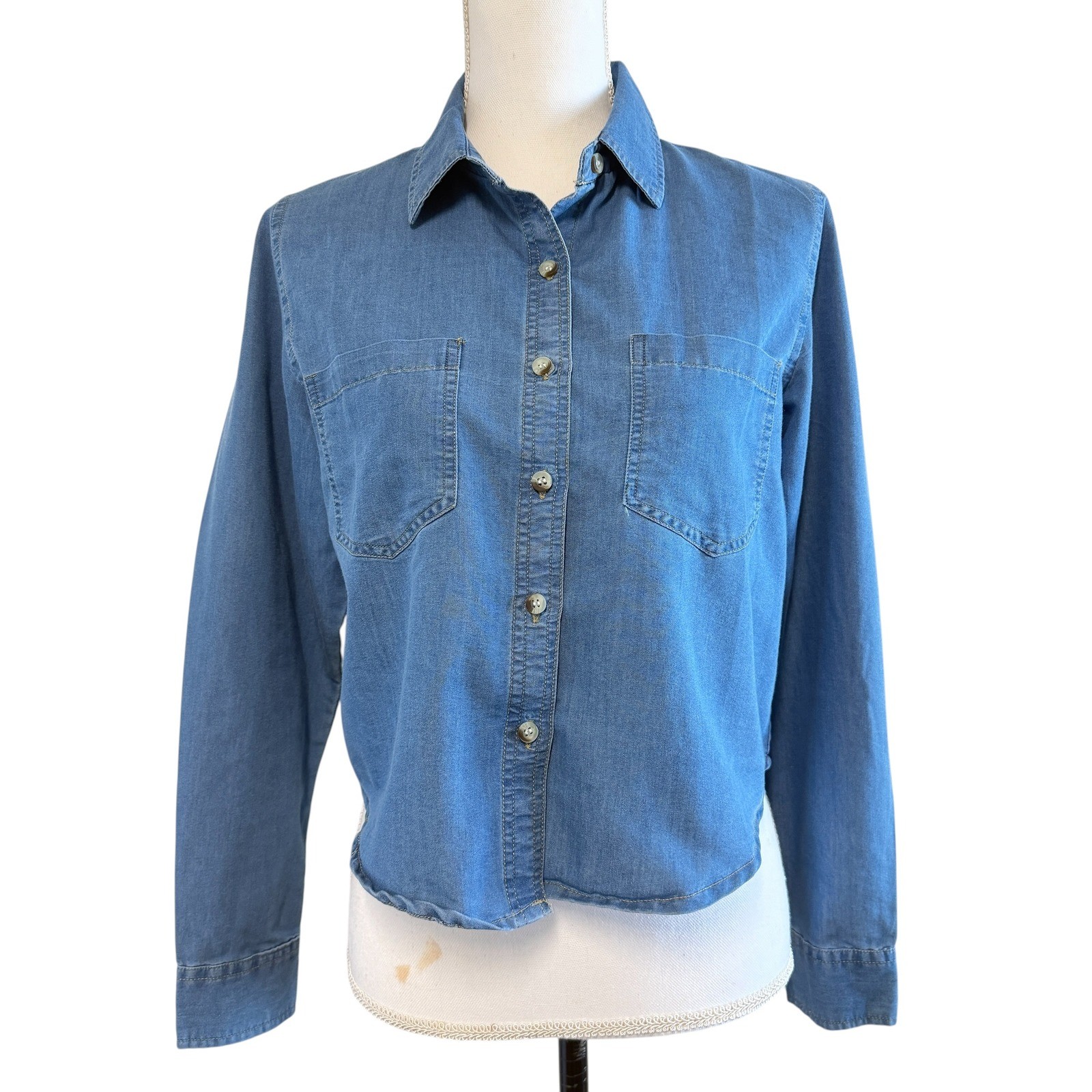 Style Envy Womens Denim Button Down Shirt Medium Wash Long Sleeve Cotton Large