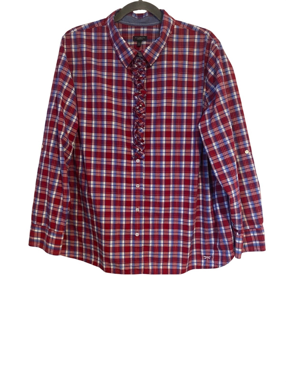 Talbots Top Women’s 22WP Red Plaid Button-Up Shirt Ruffle Front Y2K Preppy