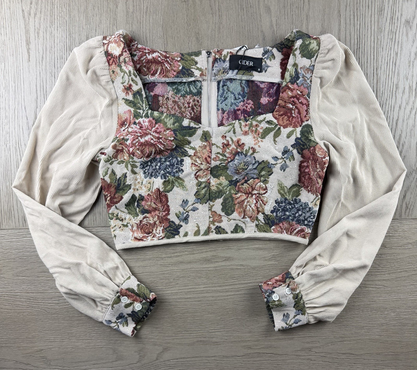 Cider Small Floral Tapestry Jacquard Crop Top Puff Sleeve Square Neck NWT
