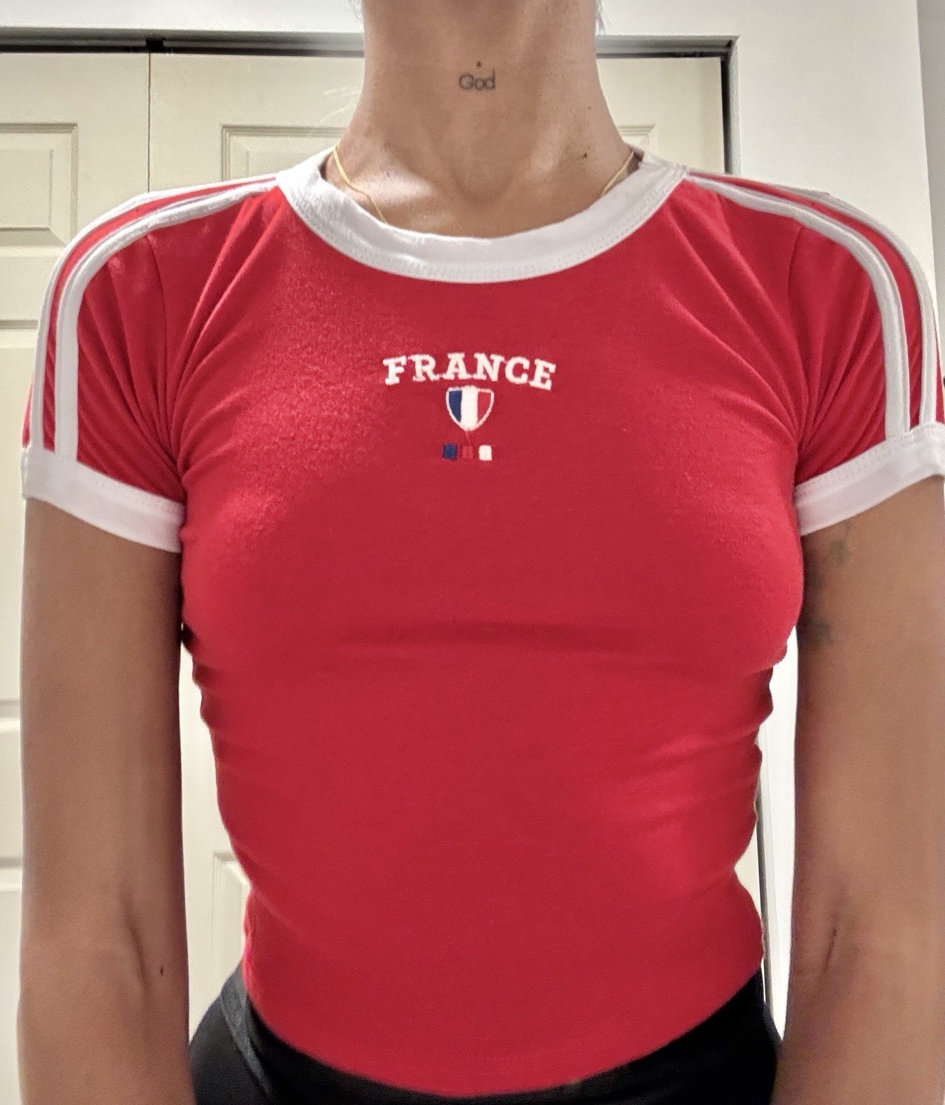 french pastry XS Red White Ringer Short Sleeve Slim Fit T-Shirt for Women