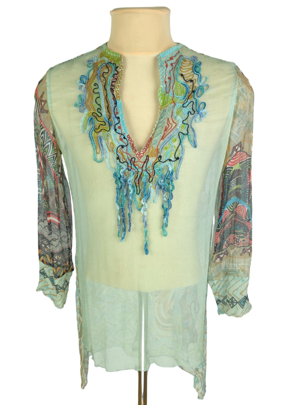 Save The Queen! Mesh Sheer Boho Top Tunika Blouse Size L Mint Green Embroidered