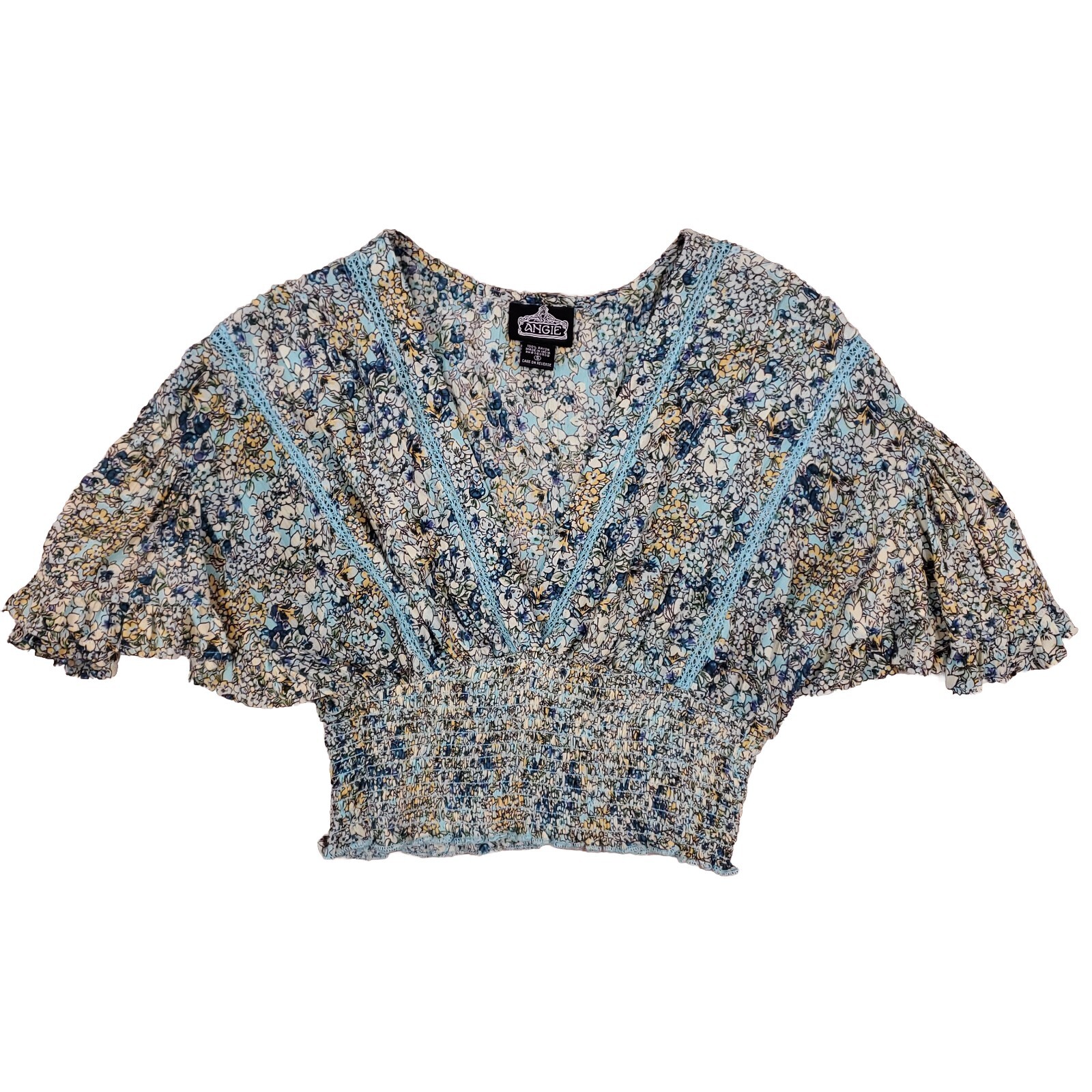 Angie Smocked Crop Floral Blouse Vneck Lace Trim Sz S Flutter Sleeve Blue Yellow