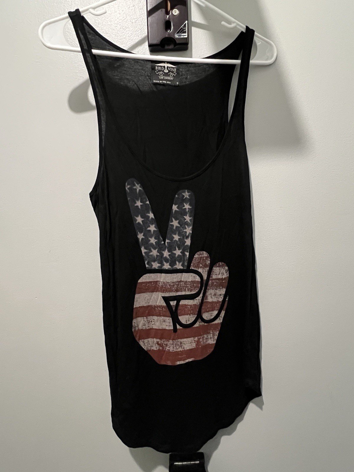 Bird & Vine Women’s Black Peace USA Flag Graphic Micromodal Tank Scoop Neck S