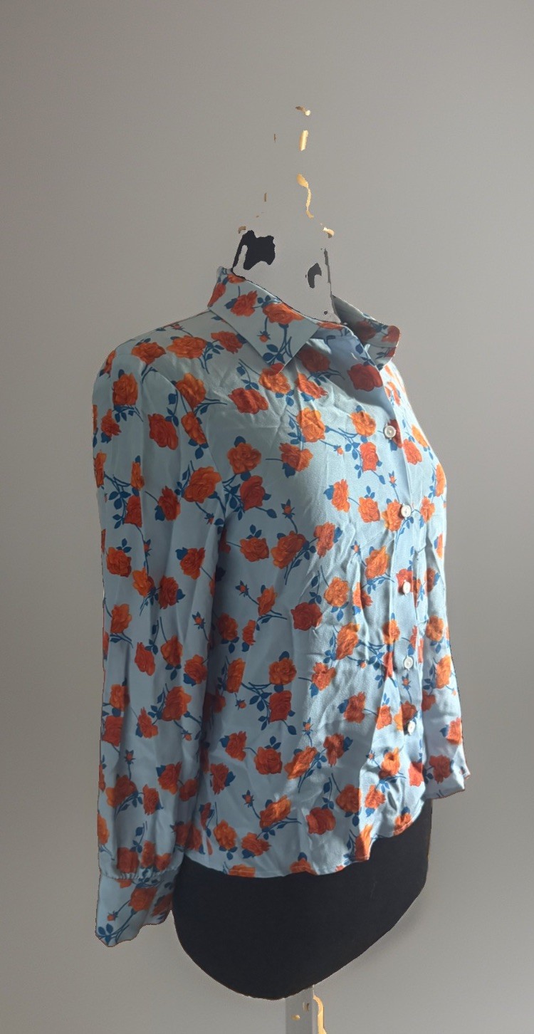 Poluopo Femme Blue Multi Floral Pattern Silk Satin Button Front Shirt/Blouse M