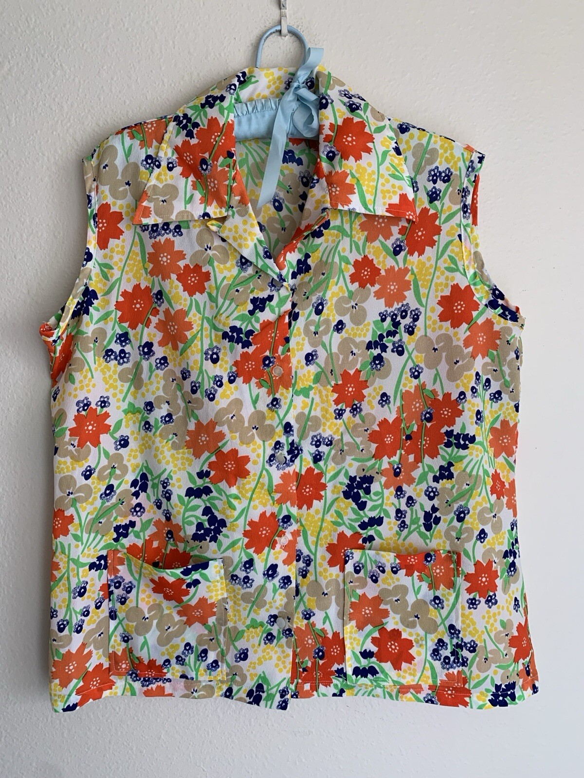 Vintage L/XL Handmade Floral Button Tank Top Smock Pocket 60s 70s Retro Flower