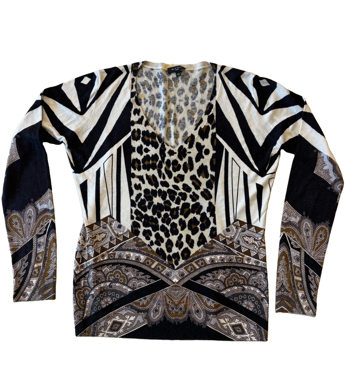 ETRO Milano Sweater Silk Cashmere V Neck Animal Print Italy Sz 48