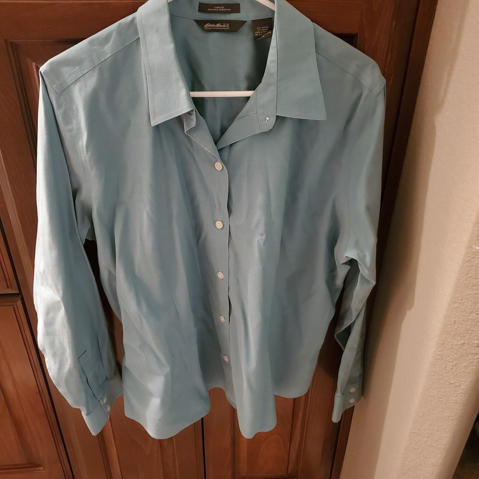 EUC – Eddie Bauer Stretch Wrinkle Resistant XL Light Green Blouse COTTON/LASTOL