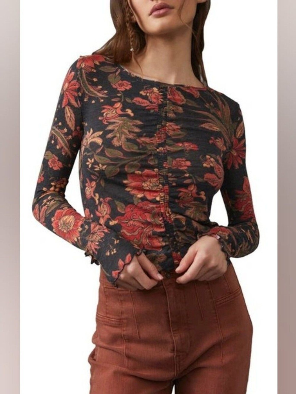 We The Free Dreamed Of You Charcoal Grey Floral Print Long Sleeve Top