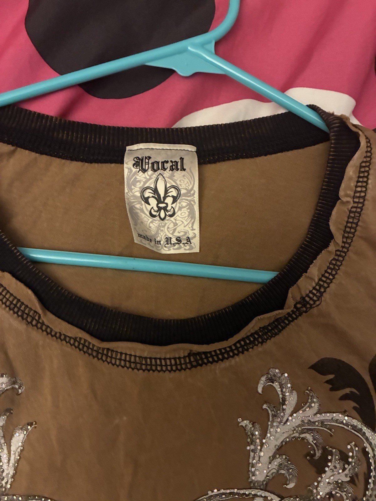 Y2k Vocal Brown Rhinestone Graphic Long Sleeve Scoop Neck T-Shirt Womens S
