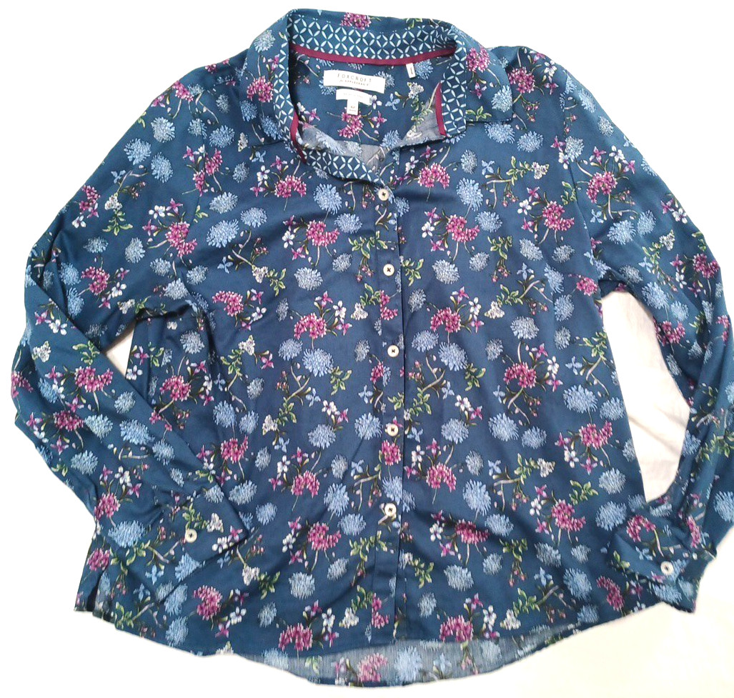 Foxcroft Appleseed Womens Blue Floral Blouse Shirt Petite Sz 16P Wrinkle Free