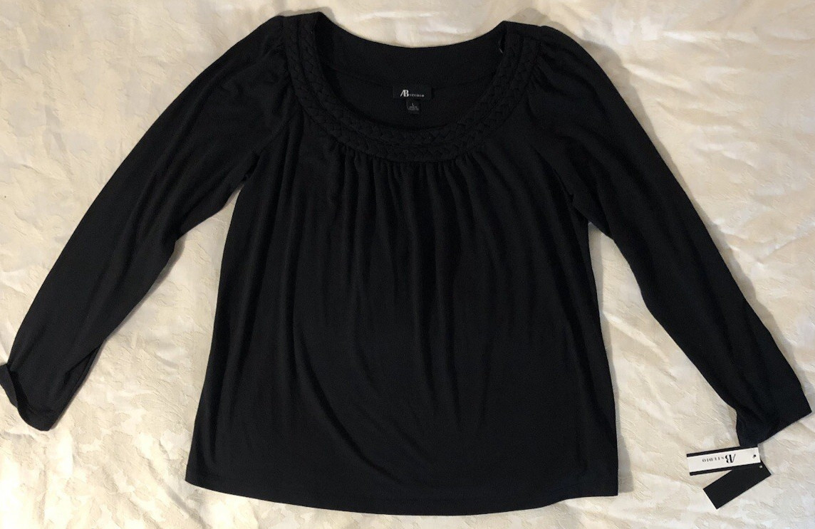 AB STUDIO Knit Top Rusched Neckline Long Sleeve Black Stretch Size Large New NWT
