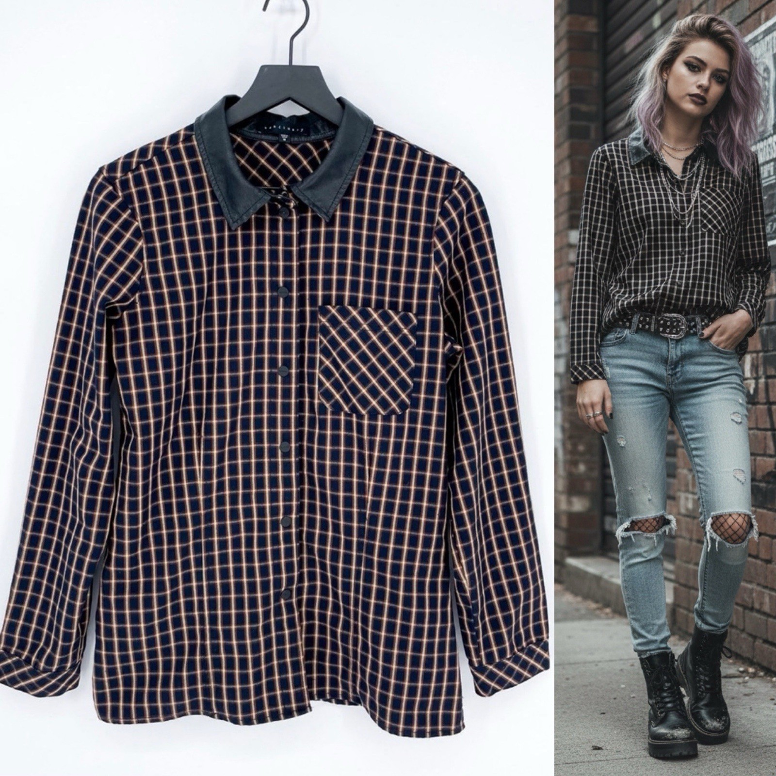 Sanctuary Women’s M Plaid Heavyweight Slim Fit Snap Button Top Pleather Collar