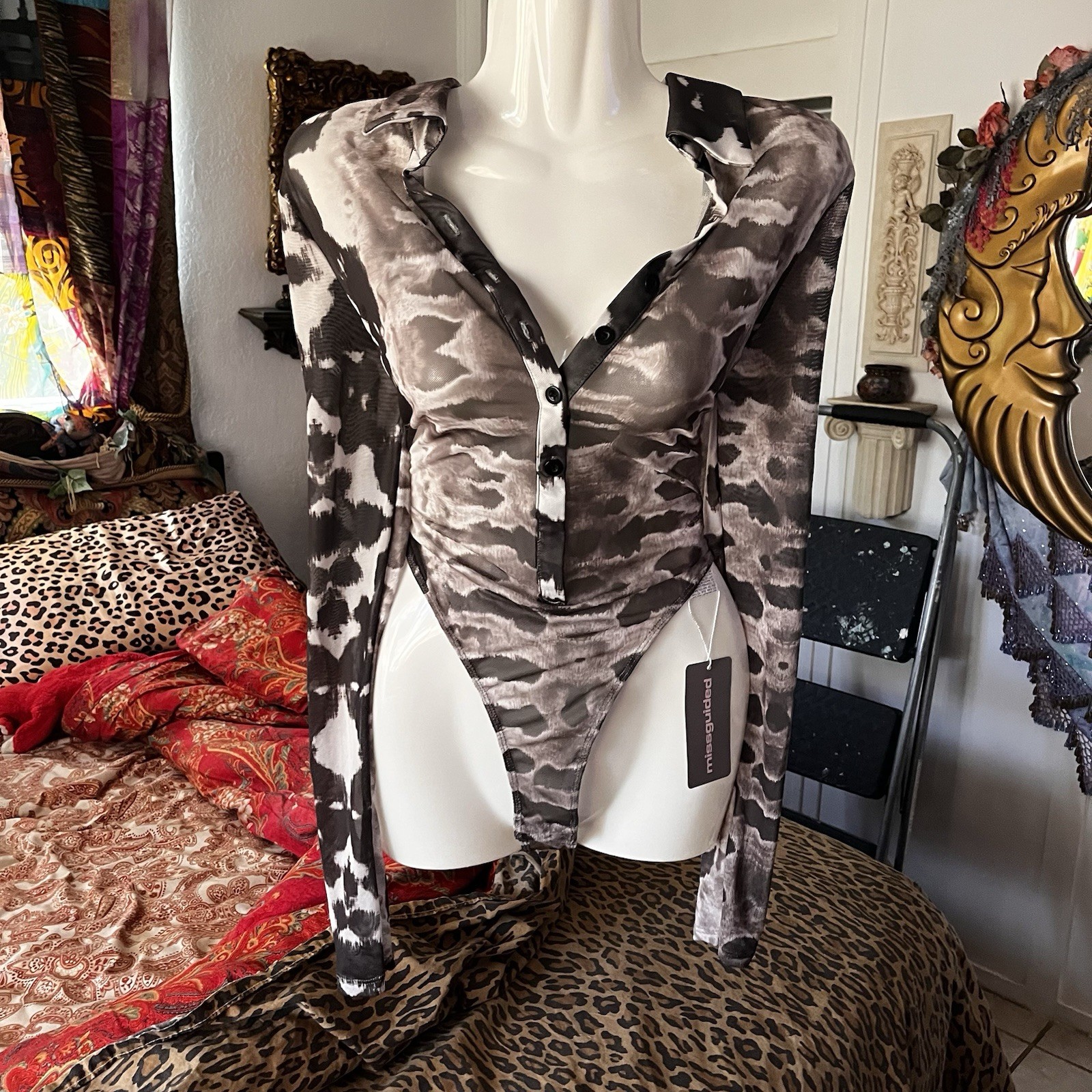 Missguided Mesh Bodysuit Top Size Python Snake Print Long Sleeve Collared Henley