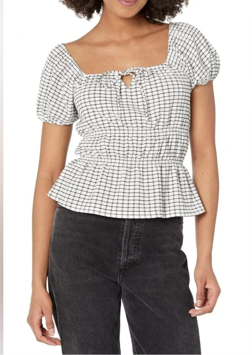 MADEWELL Omaha Top Women’s Black White S Gingham Check Peplum Puff Sleeve NWT$65