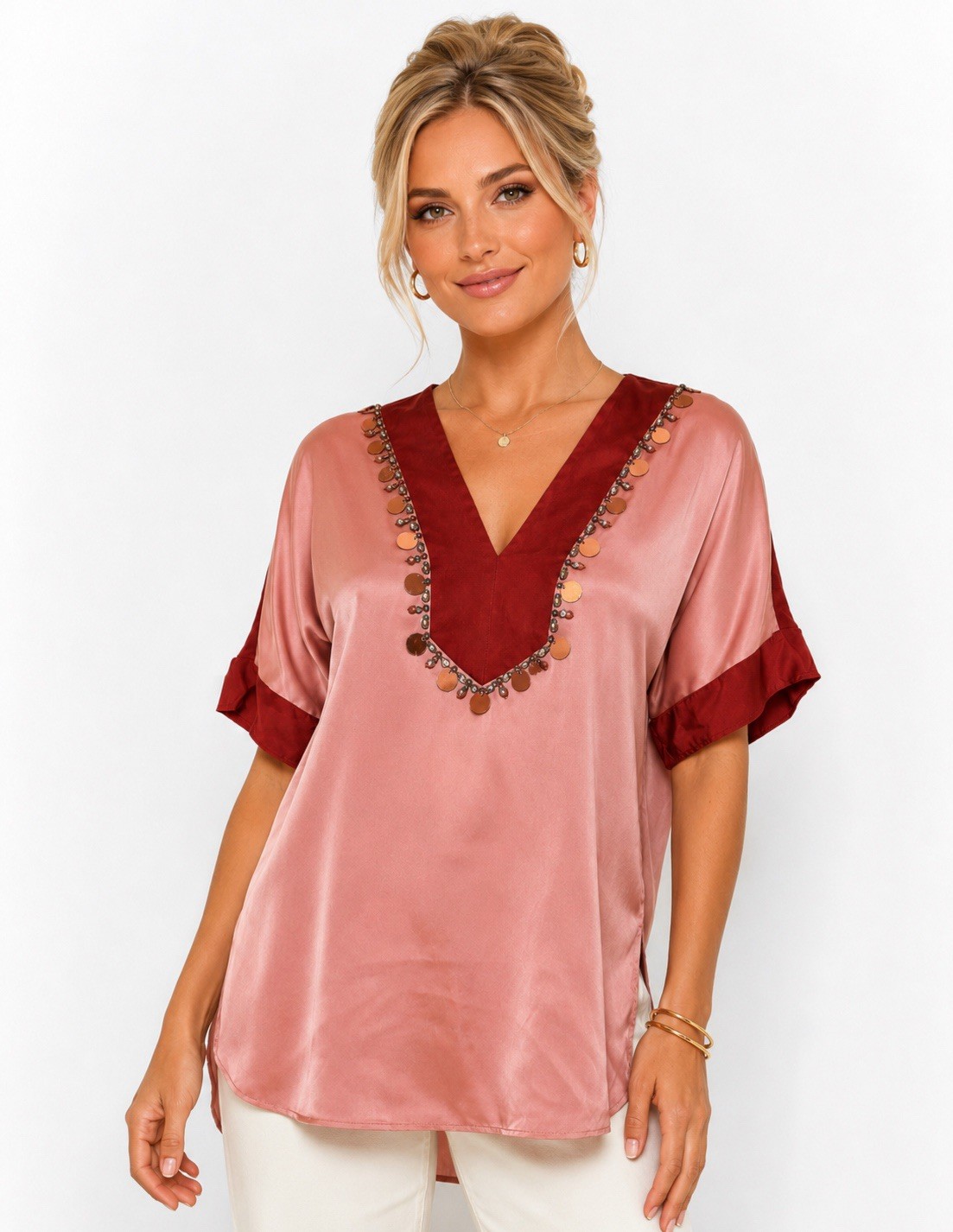 Tory Burch Giselle Tunic Blouse Size 0 Pink Red Embellished Cupro Silk