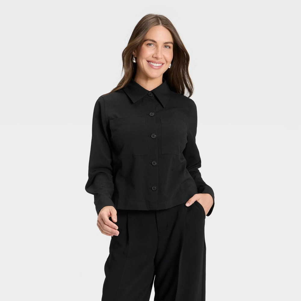 Women’s Plain Weave Shirt Jacket – A New Day, Black, L