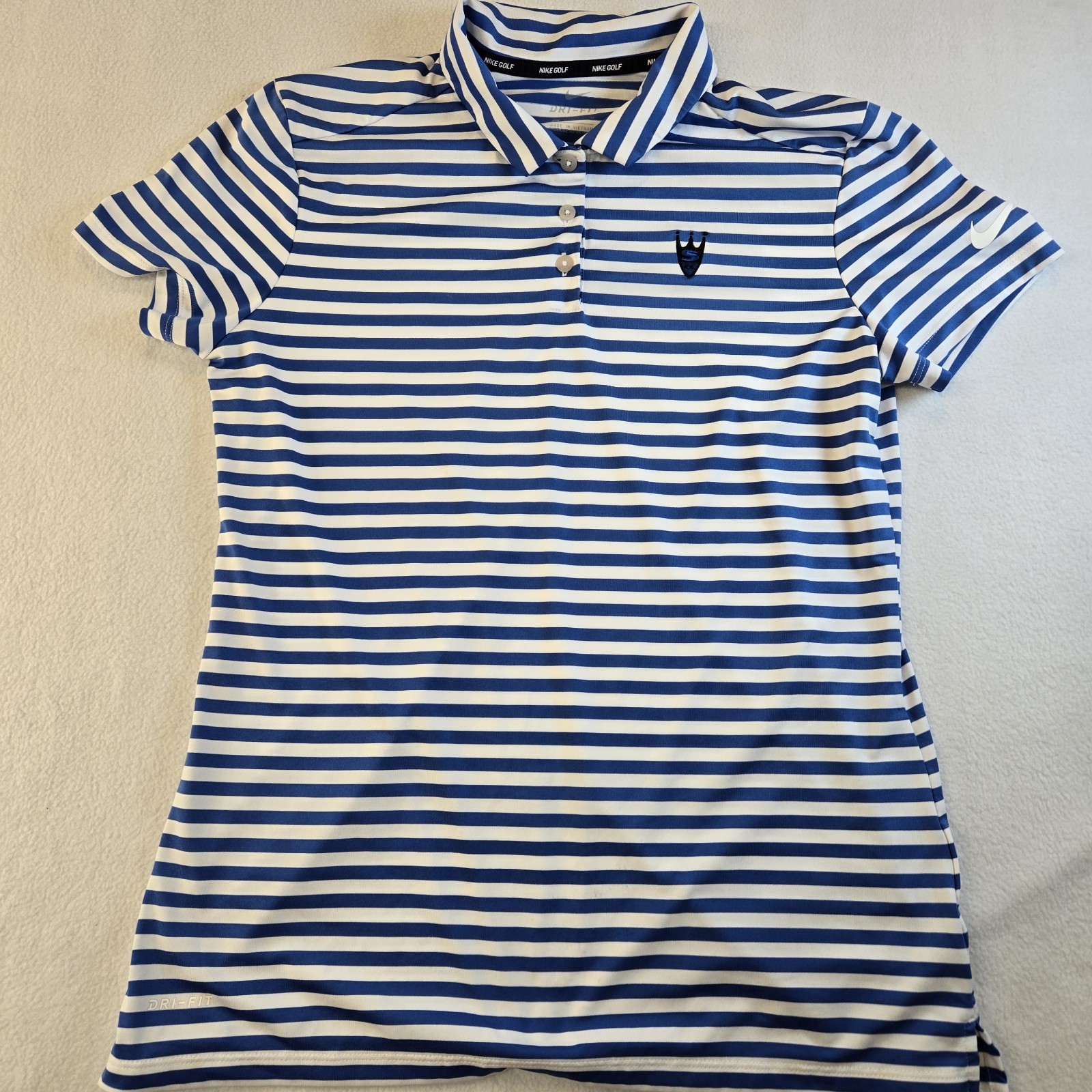 Nike Golf Shirt Womens Med Blue Striped Dri Fit Stretch Performance Polo CC Logo
