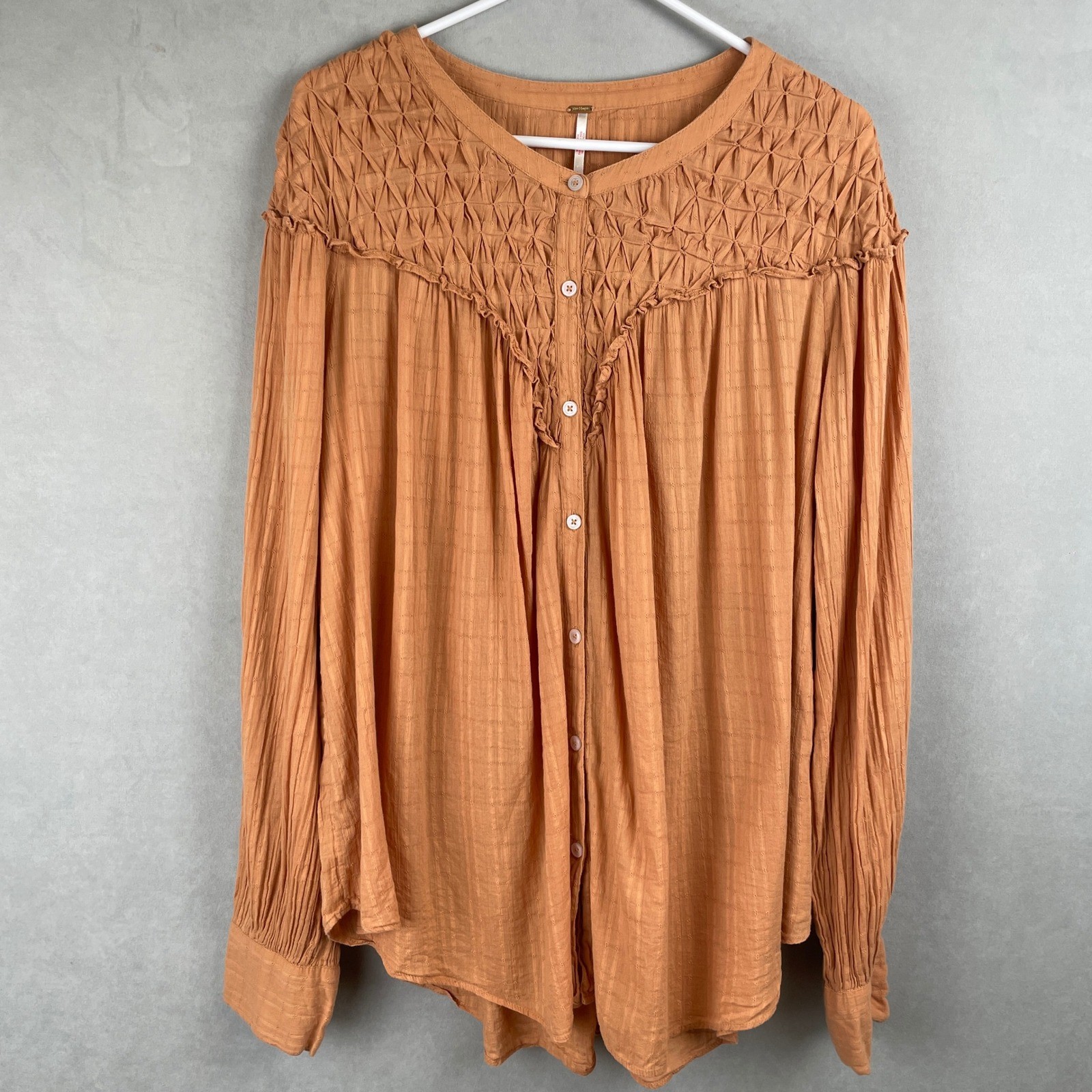 Free People Terracotta Smocked Button Front Gauze Peasant Blouse L Boho Hip Read