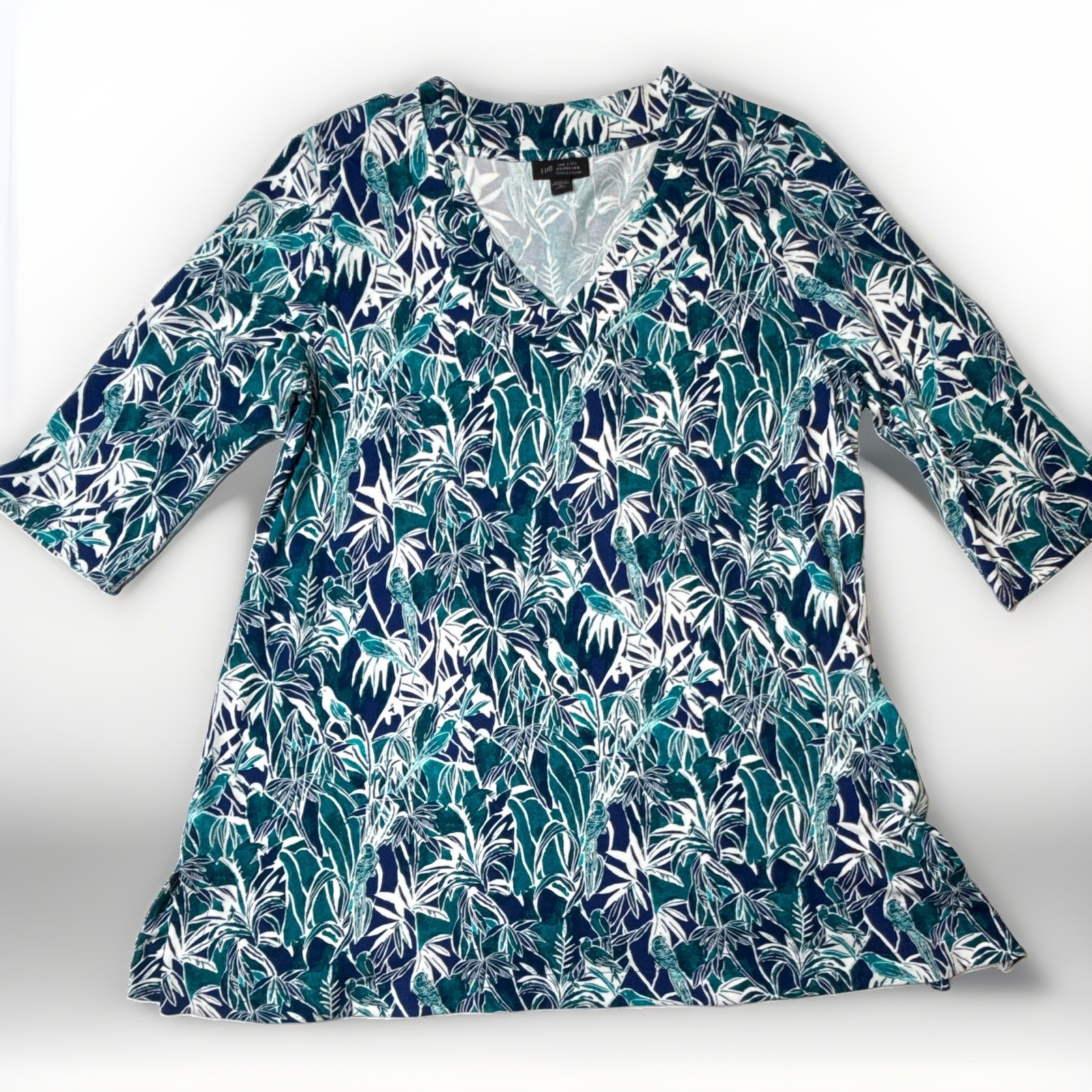J. Jill Wearever Collection Shirt Top Petite M Blue & Green Tropical Parrot Bird