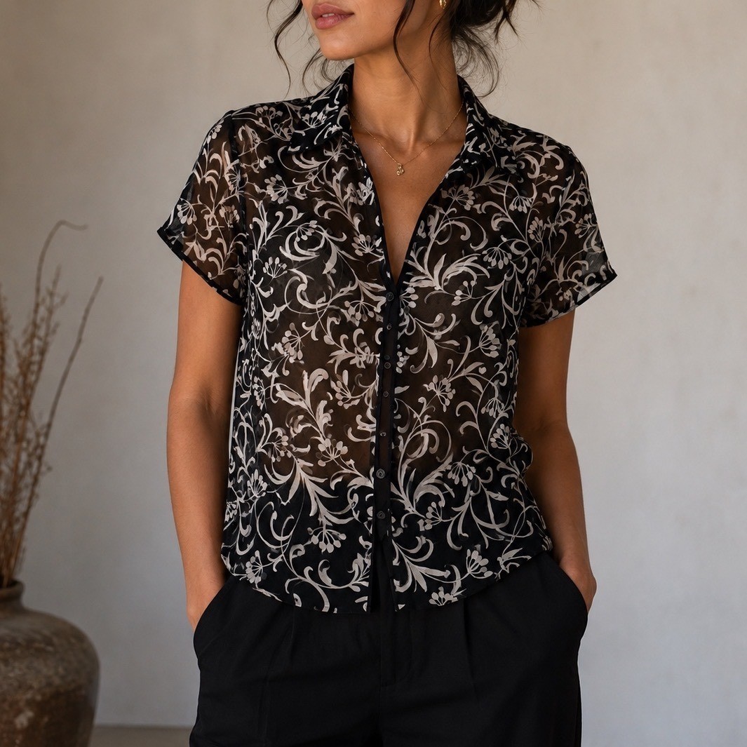 New York City Design Co Silk Blouse Black White Floral Sheer Button Down XL i3