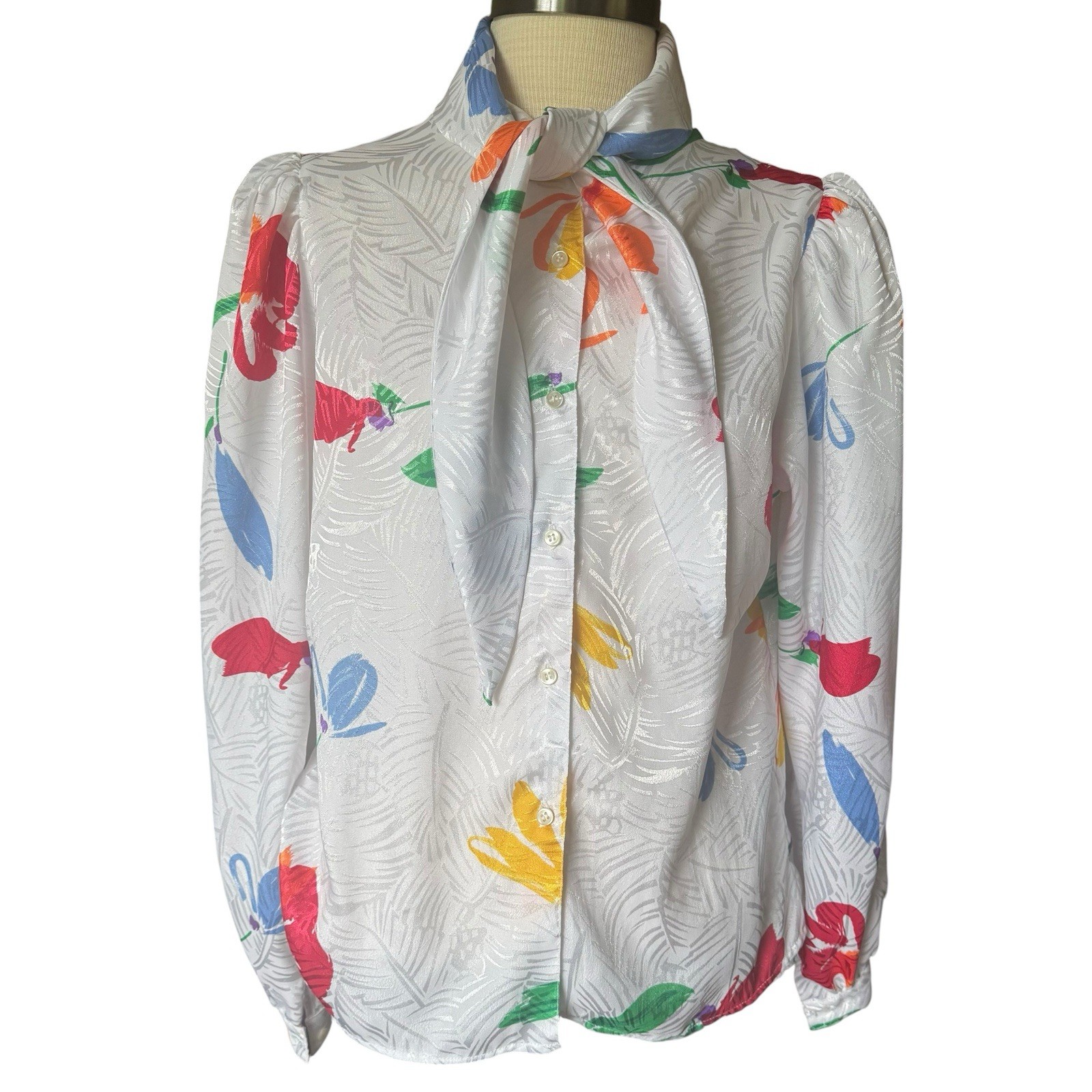 Vintage Eva Laurel Satiny Secretary Blouse Sz 12 White Floral Sash Silky Glam