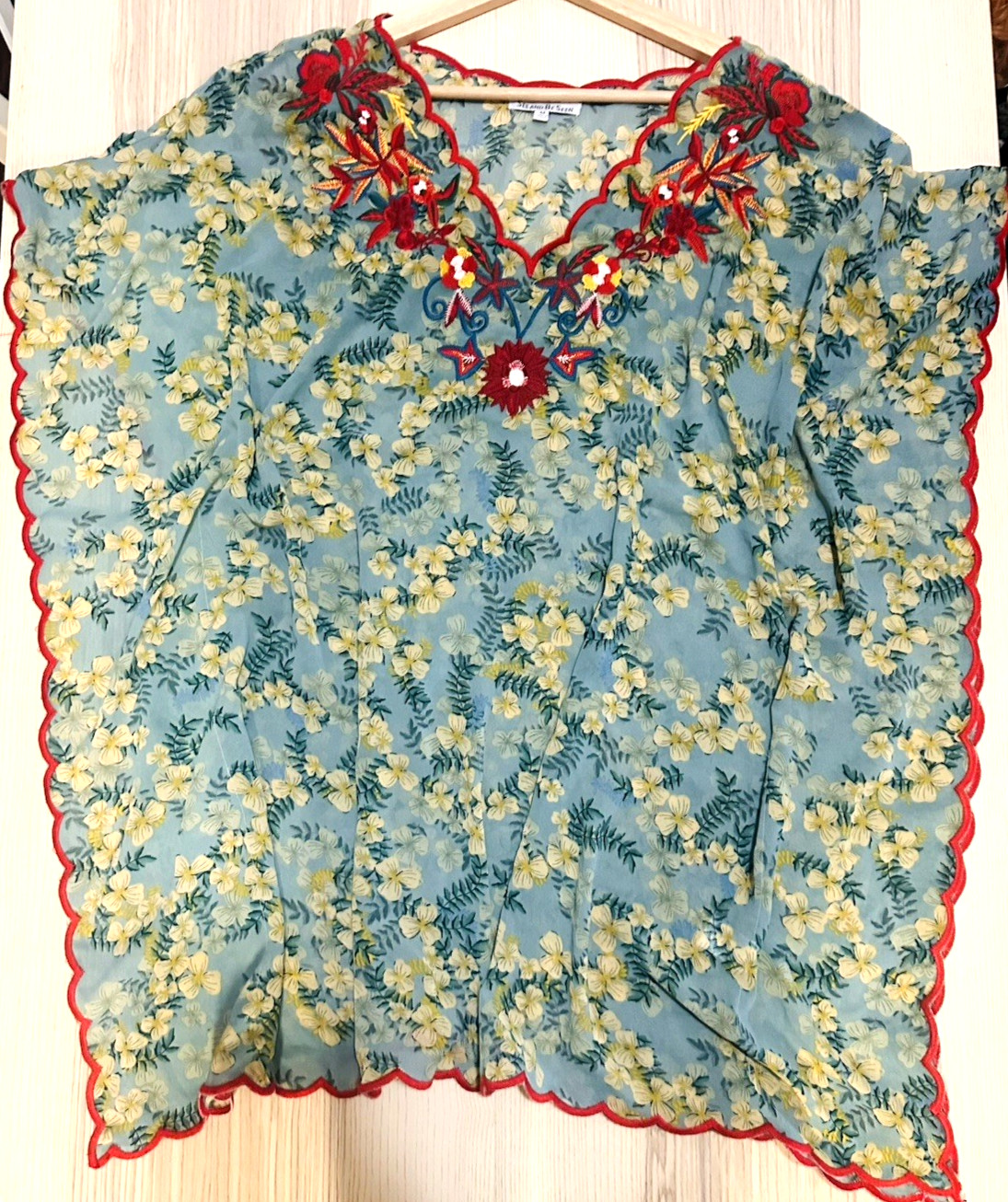 See and Be Seen Tunic Swim Coverup Sz M Sheer Floral Embroidered Bat Wing Gypsy