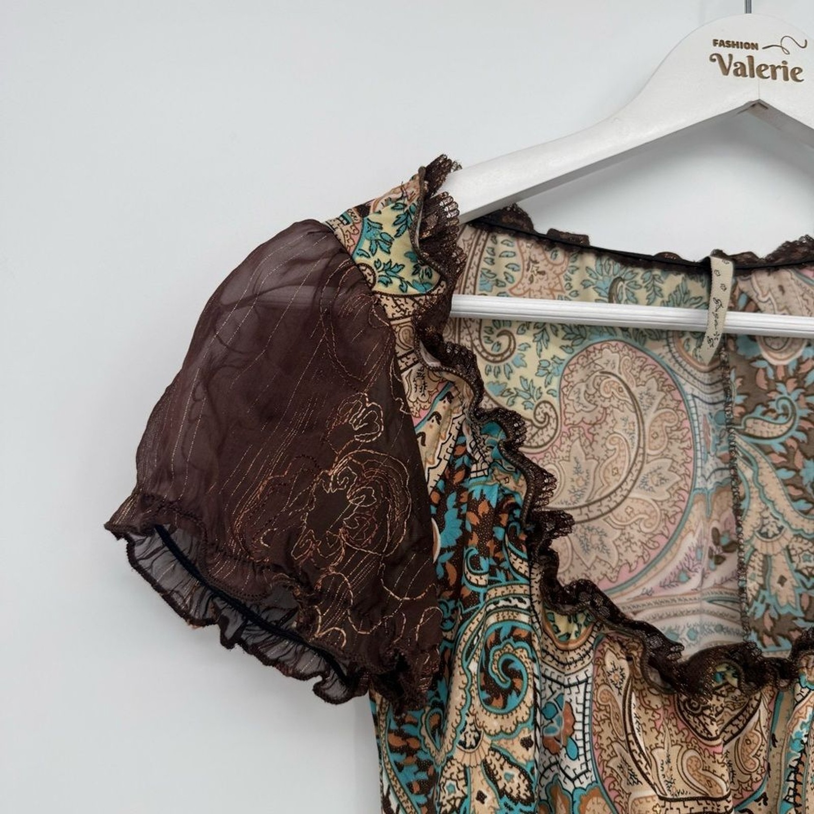 Ginger G Multicolor Brown Paisley Shimmer Top Sheer Y2k Size Small Retro