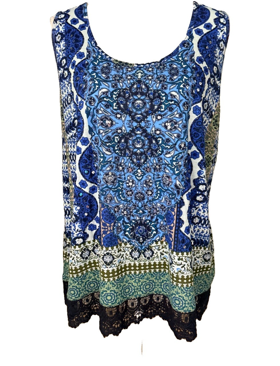 New W/Tags Bila Bohemian Print Top Sz XXL Beads/Sequins Crochet Hem Sleeveless