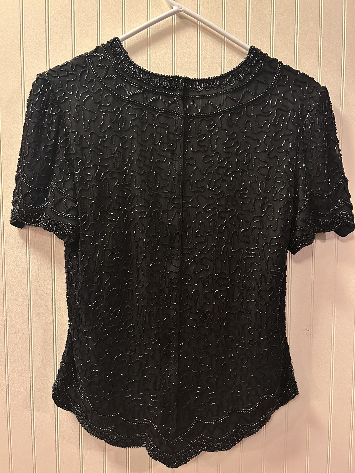 Vintage 100% Silk Top Women Small Black Sequin Bead Cote d’ Azur Evening Blouse