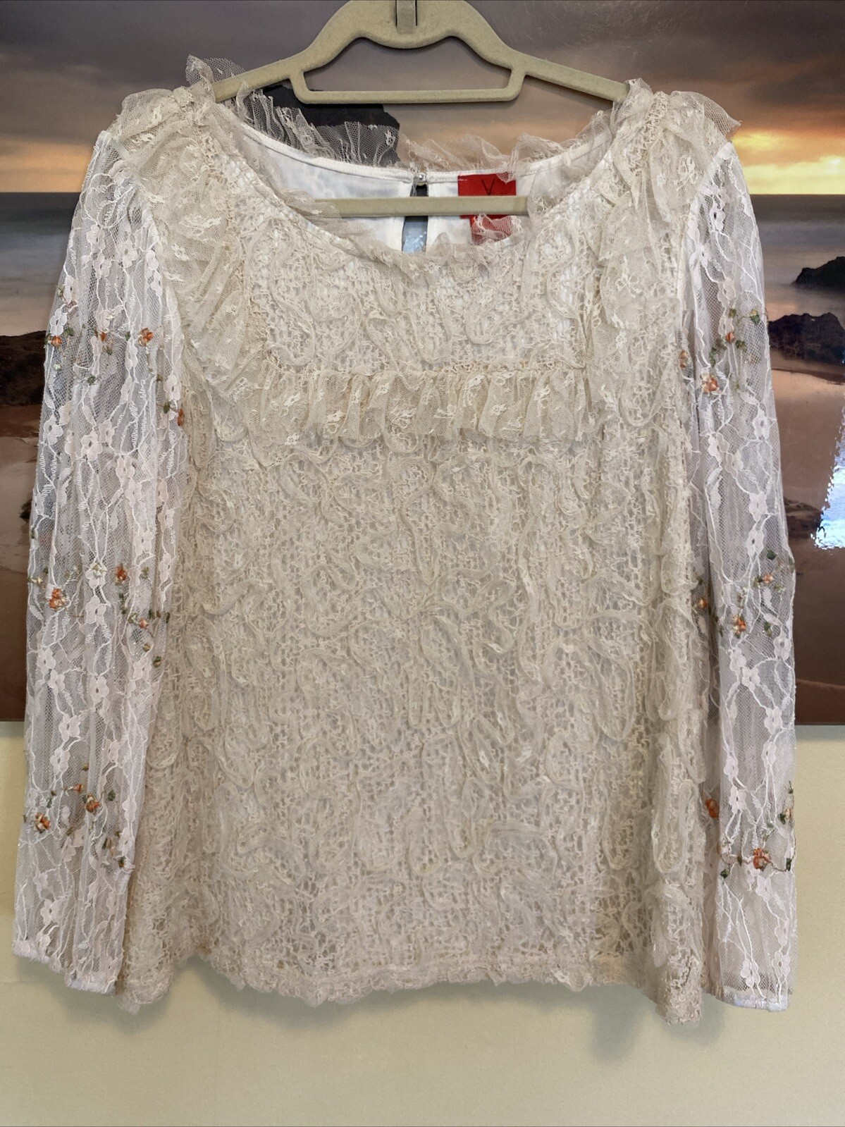 V CRISTINA Blouse IVORY Long Sheer Sleeve Embroidered Lace OVERLAY Floral XL