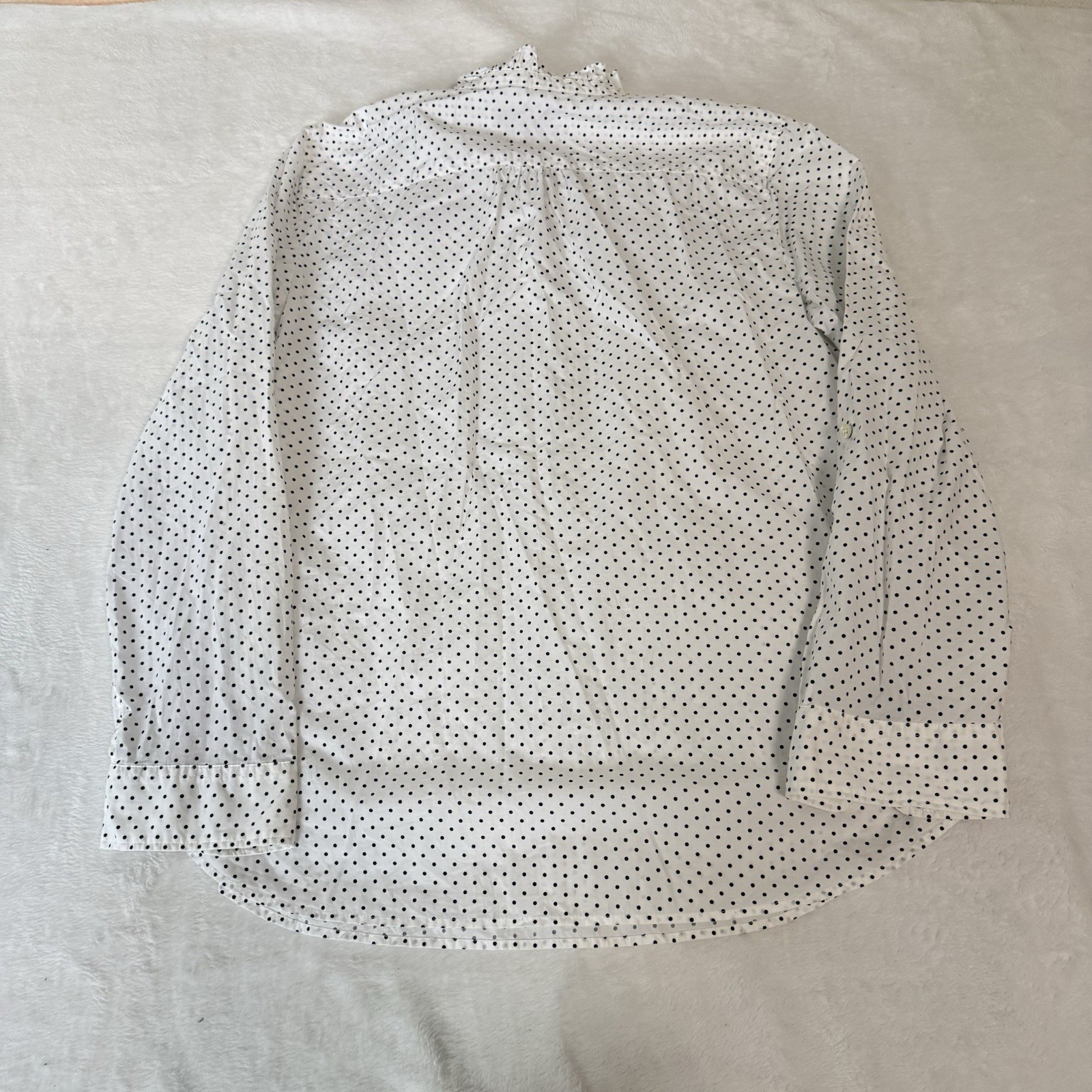 Talbots Womens L White Blue Polka Dot Collared Long Sleeve Ruffle Button Blouse