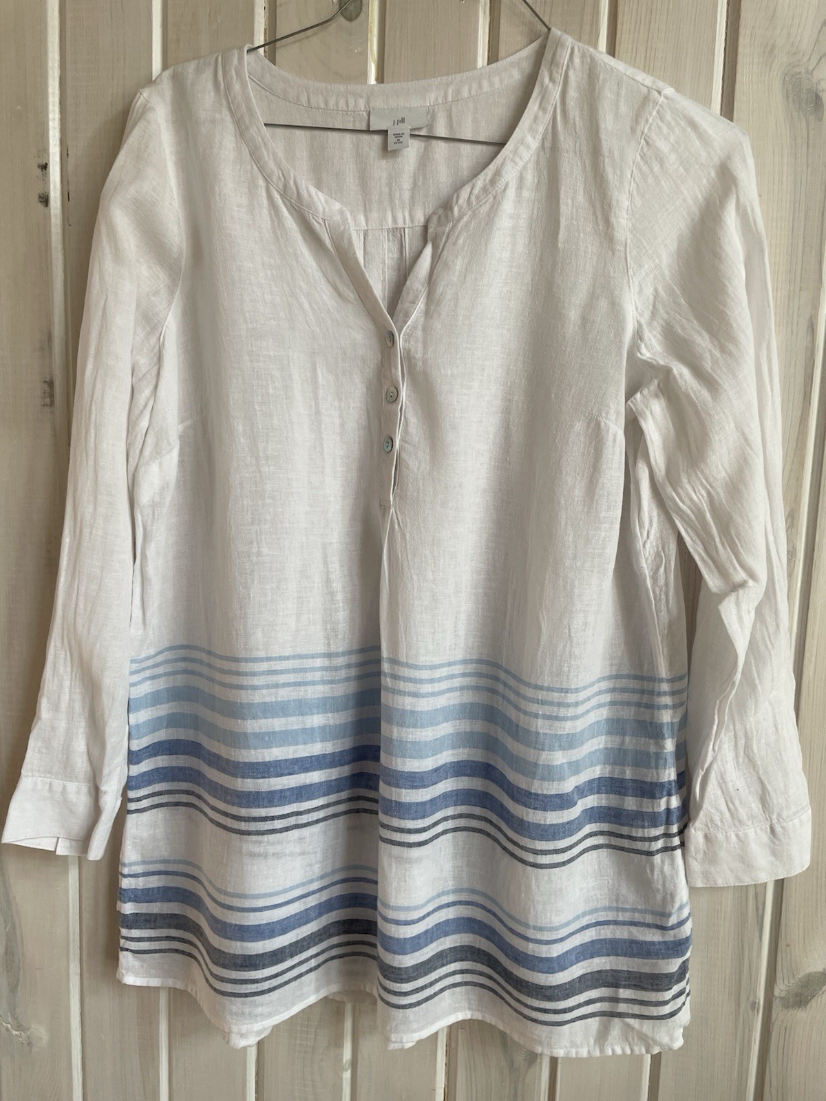 J Jill Tunic Top M White Blue Stripes Long Sleeve Pintuck Back Linen Blend