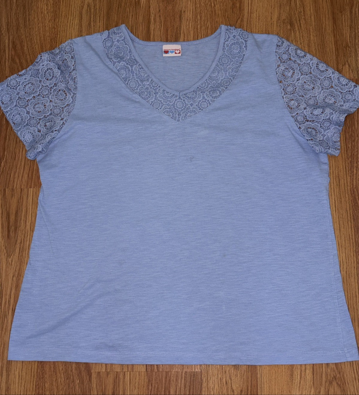 Light Blue American Sweetheart Women’s Top Size L Cotton Blend Lace Sleeves