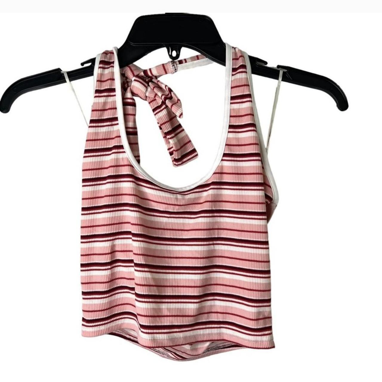 🆕Pink/Red Multicolor Stripe Design Stretchy Ribbed Halter Open Back Top~Size S
