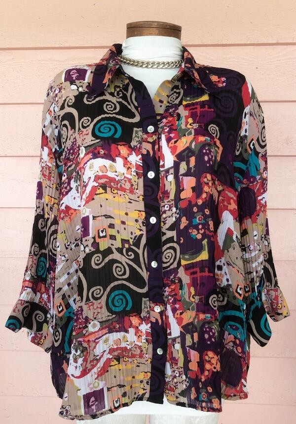 FEATHERLIGHT FUN PRINT TOP Fits 3X 4X COOL Pleated Fabric Button Front Blouse