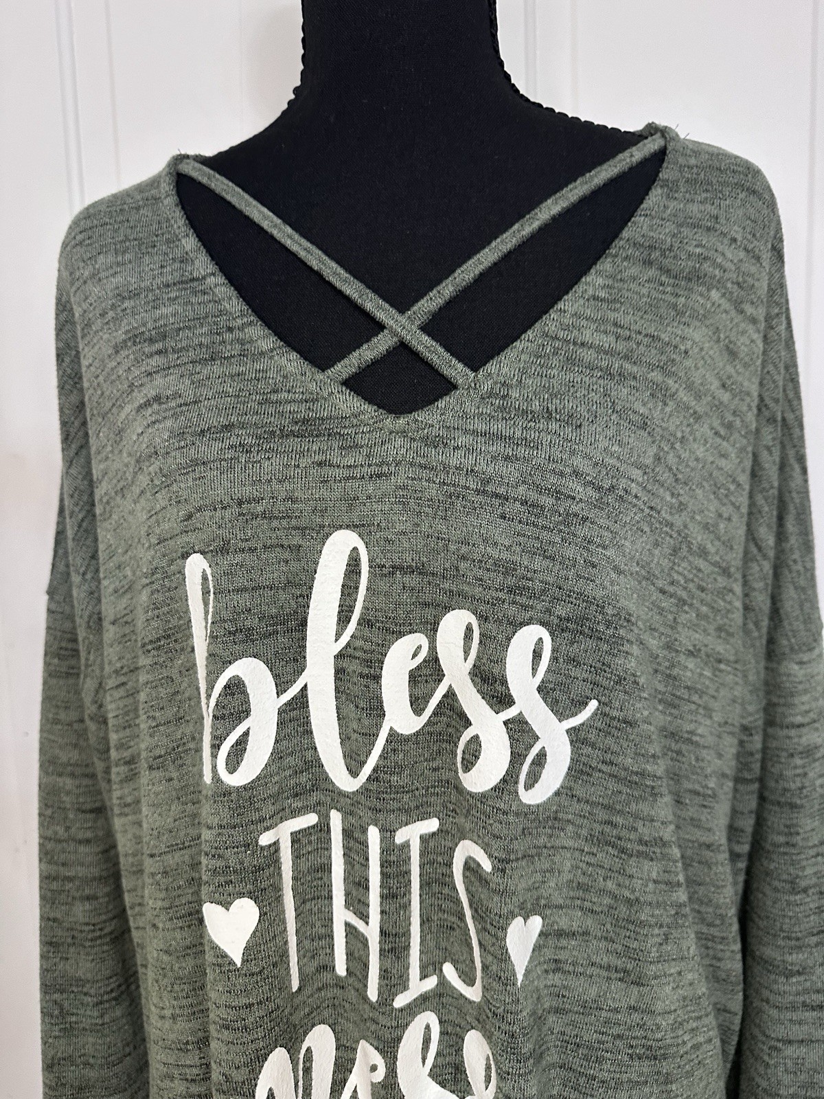 EST. 1946 Green Quote Graphic V-Neck Long Sleeve Strappy Jersey Tee Poly Blend
